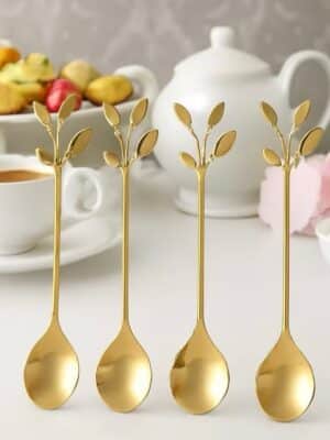 Cj. 4 Colheres de Chá Leaves Aço Inox Dourado